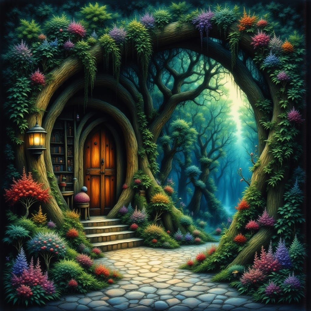 Enchanted Hobbit Hole in Witch's Chamber, Fantasy Art