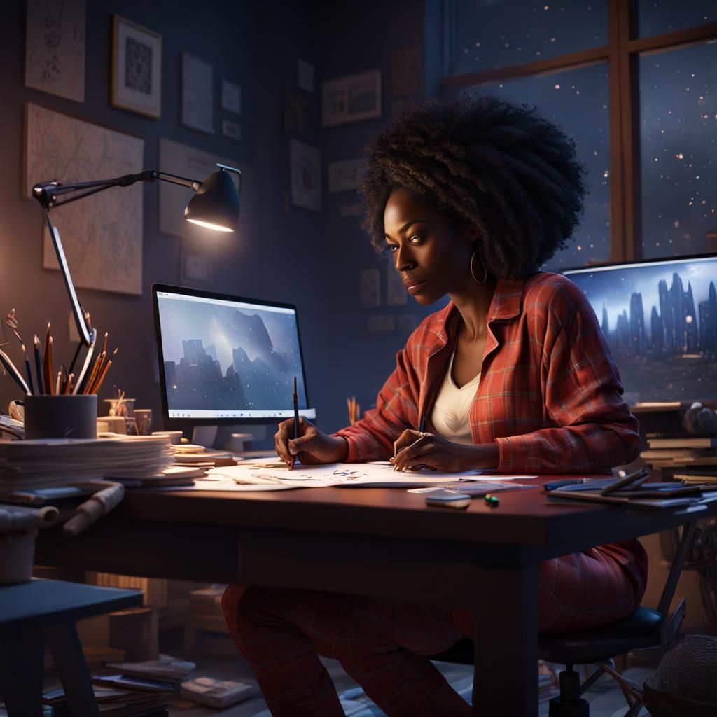 Black Woman Drawing at Desk: Fantasy Concept Art