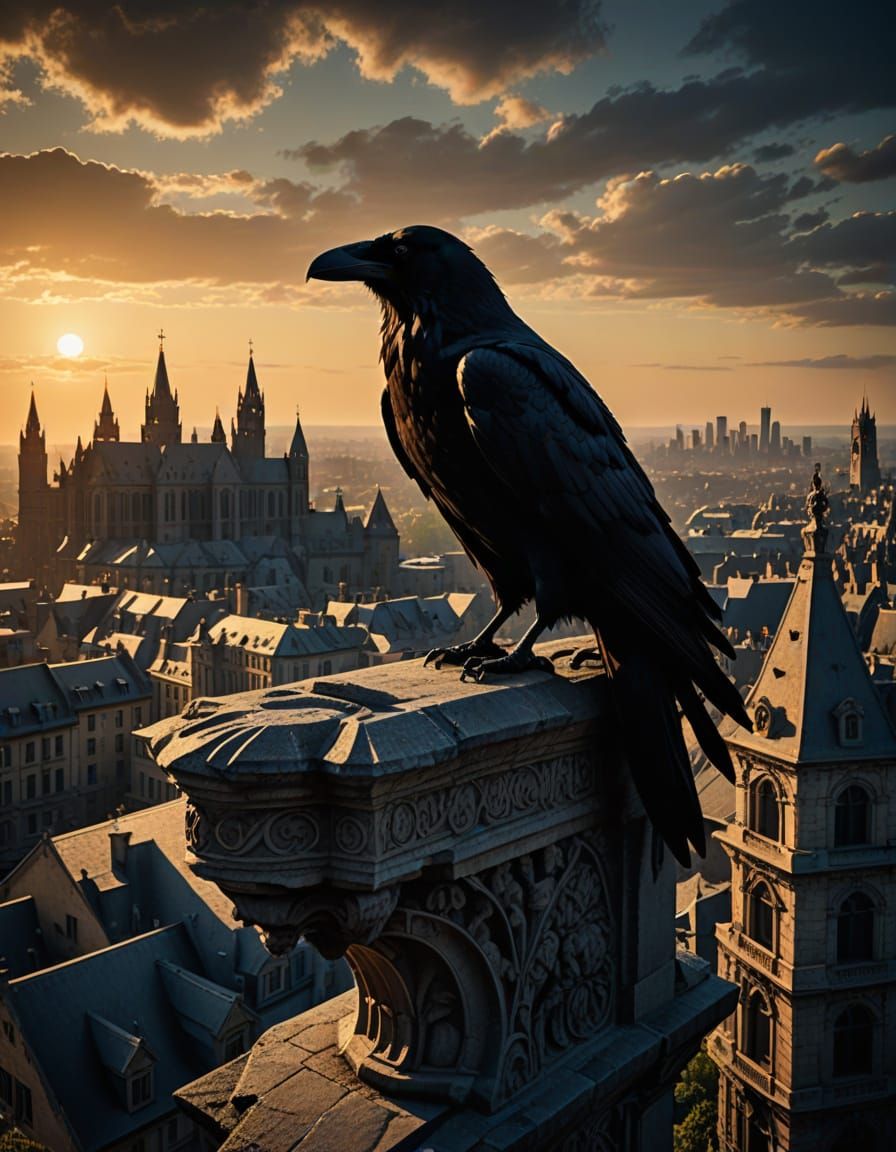 Crow on Gargoyle Overlooking Cityscape at Sunset