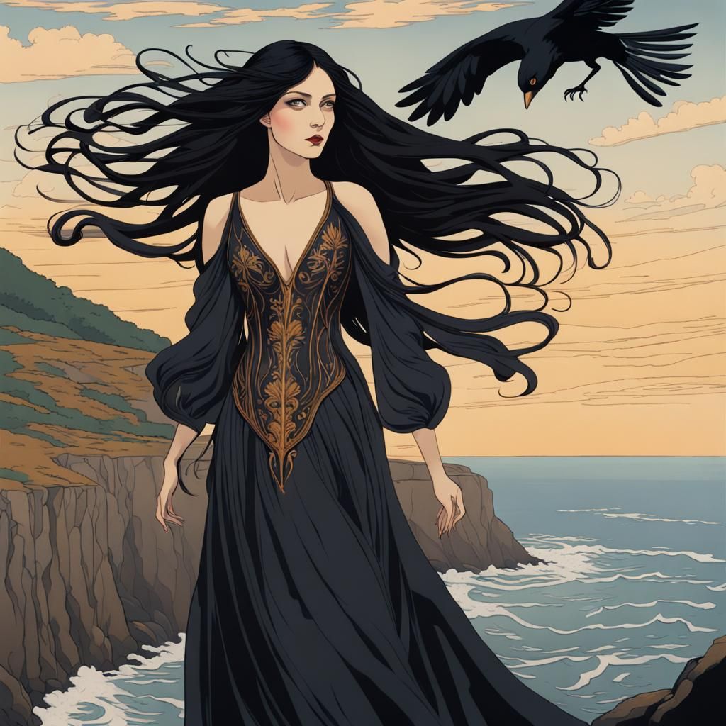 Cliffside Woman Overlooking Ocean in Art Nouveau Style