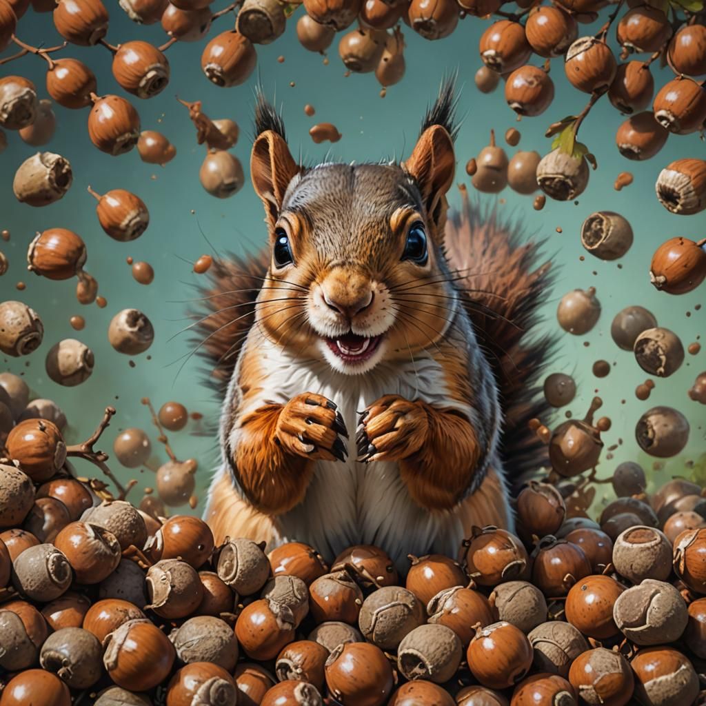 Squirrel Portrait with Acorns in Hyperrealistic Splash Art