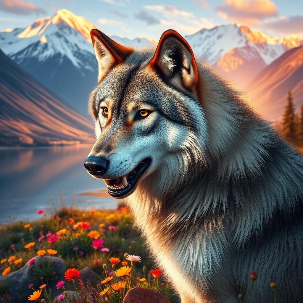 Hyperrealistic Great Wolf in Floral Lake Landscape