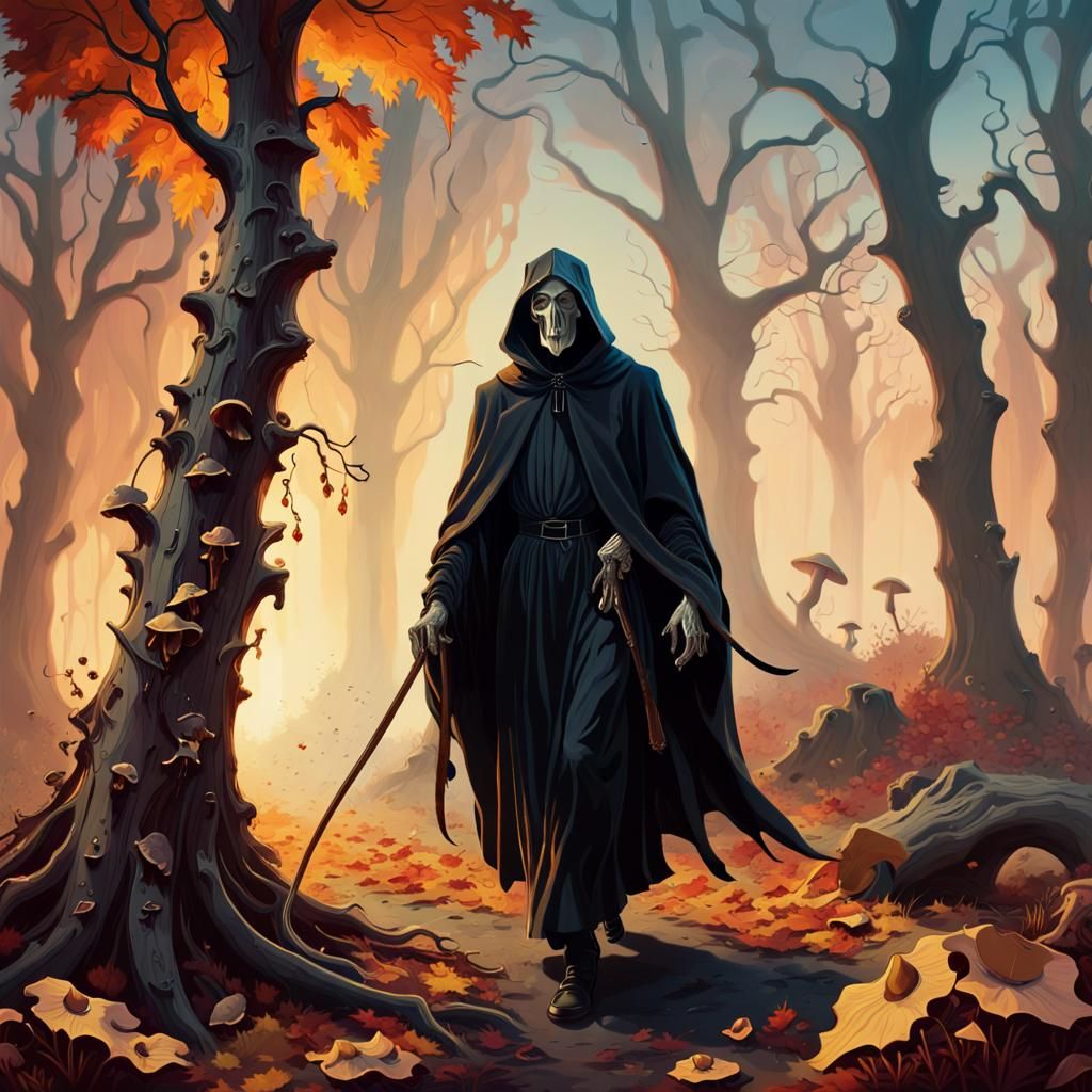 Grim Reaper in Autumnal Dark Fantasy Landscape
