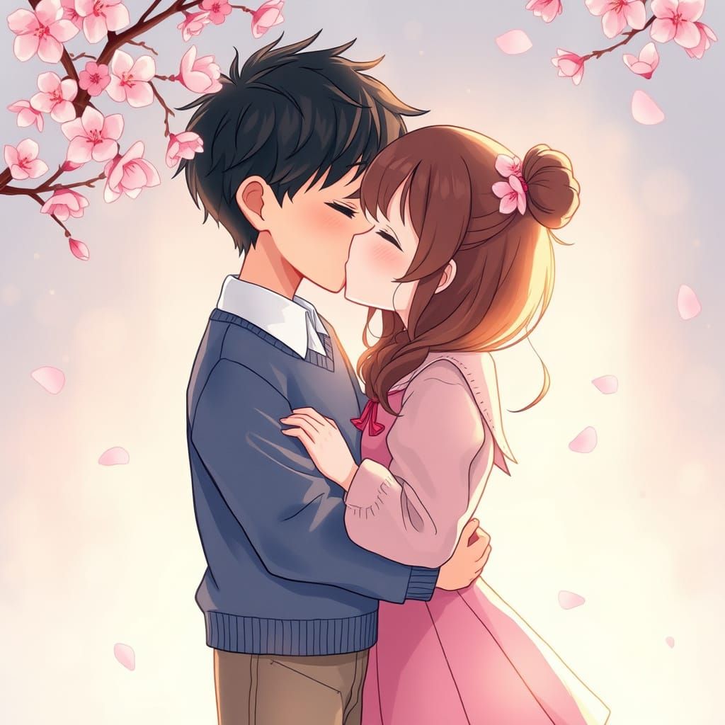 Sweet Whimsical Anime Moment with Cherry Blossoms
