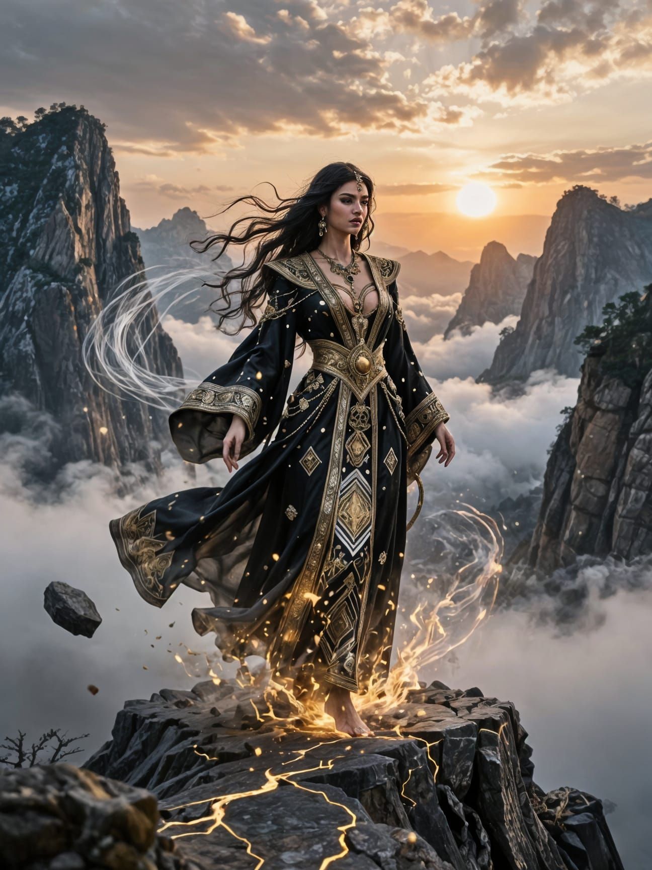 Female Dao Djinn on Mountain Ridge at Dawn