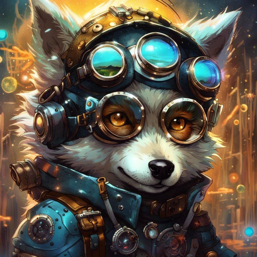 Anthropomorphic steampunk wolf, wearing funky Steampunk gogg...