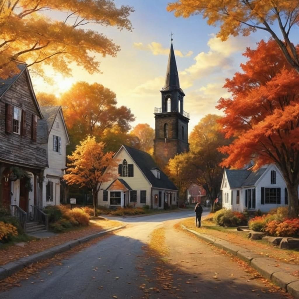 Picturesque New England Village in Autumn Colors