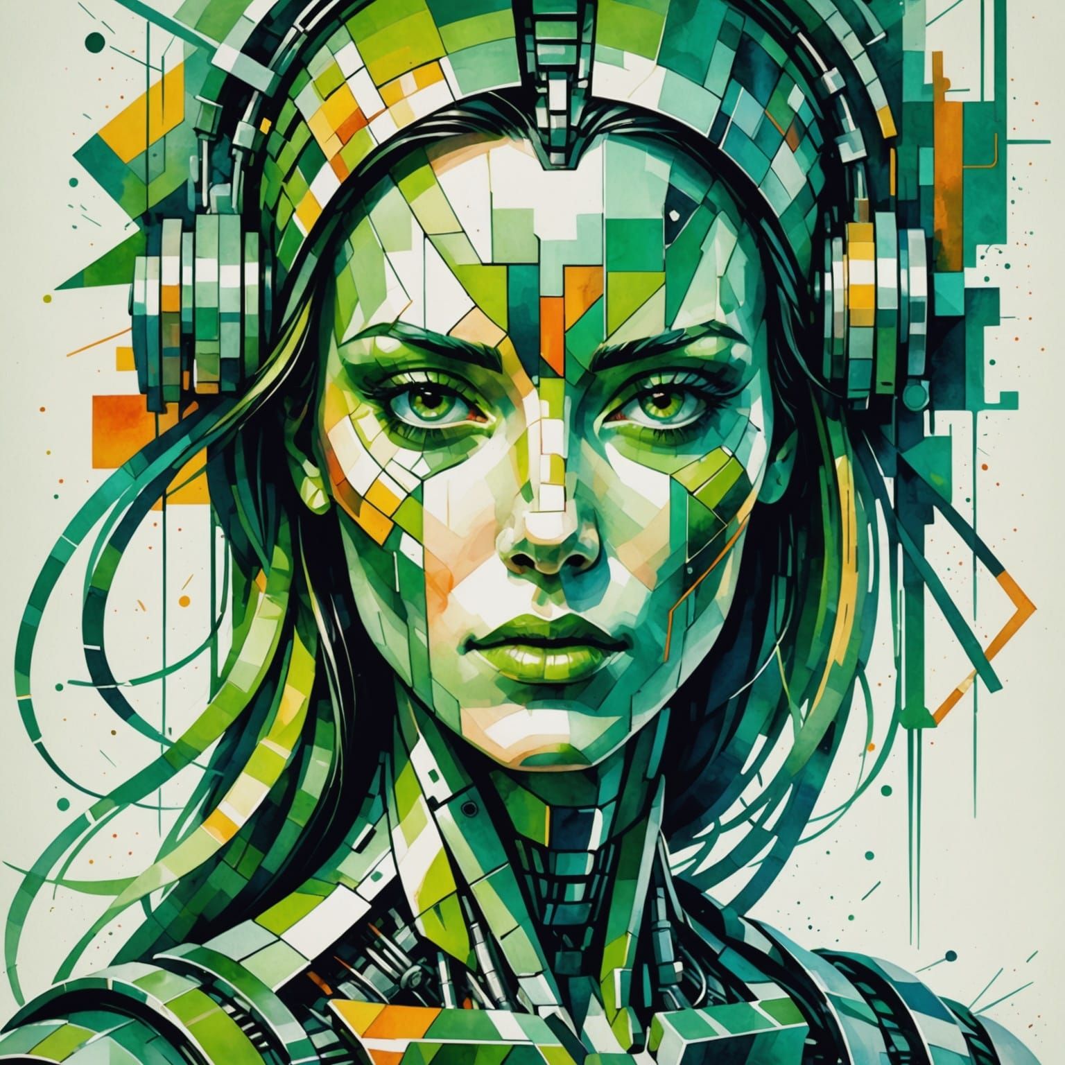 Cyberpunk Cyborg Spirit in Watercolor Glitch Style