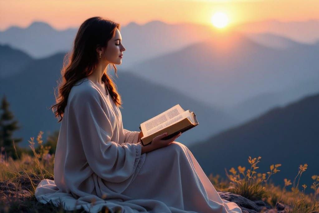 Woman Praying at Sunrise on Mountain