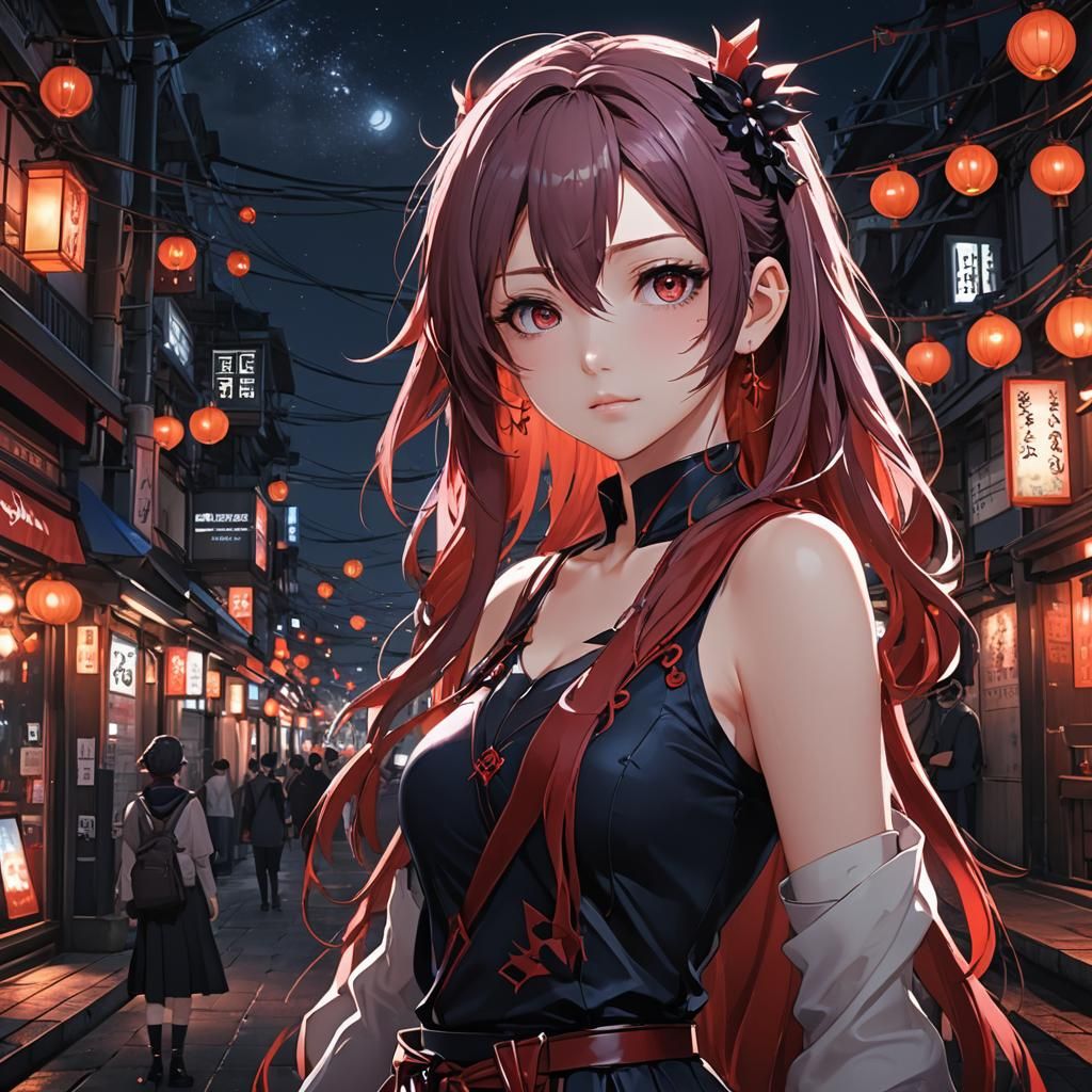 Anime Girl at Night in Deep Crimson and Ebony