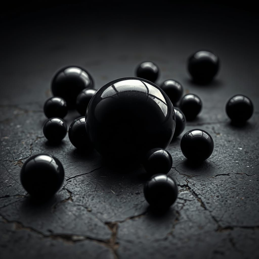 Glossy Black Orbs on Dark Stone Floor