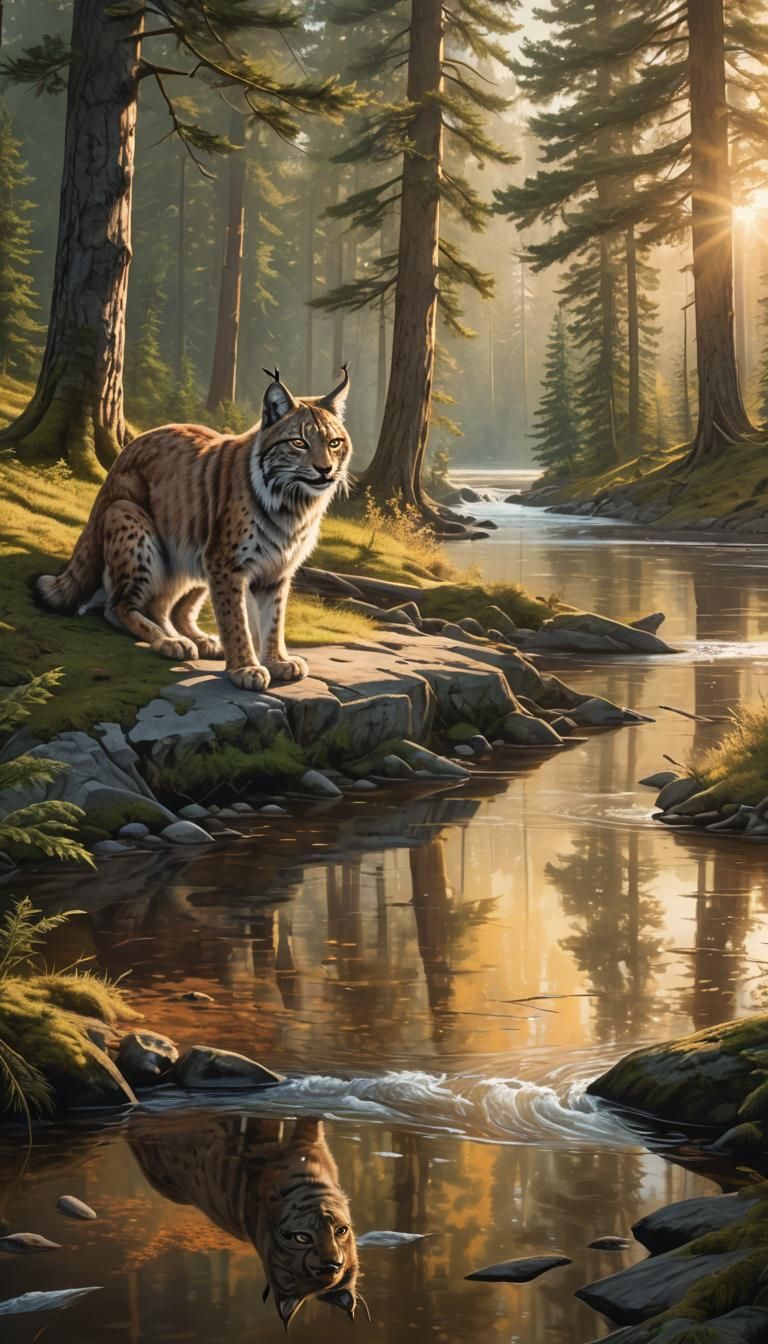Lynx Hunting in Coniferous Forest: Detailed Digital Painting