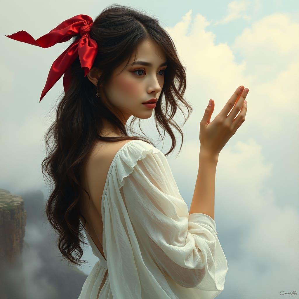 Ethereal Woman Guided at Cliff Edge