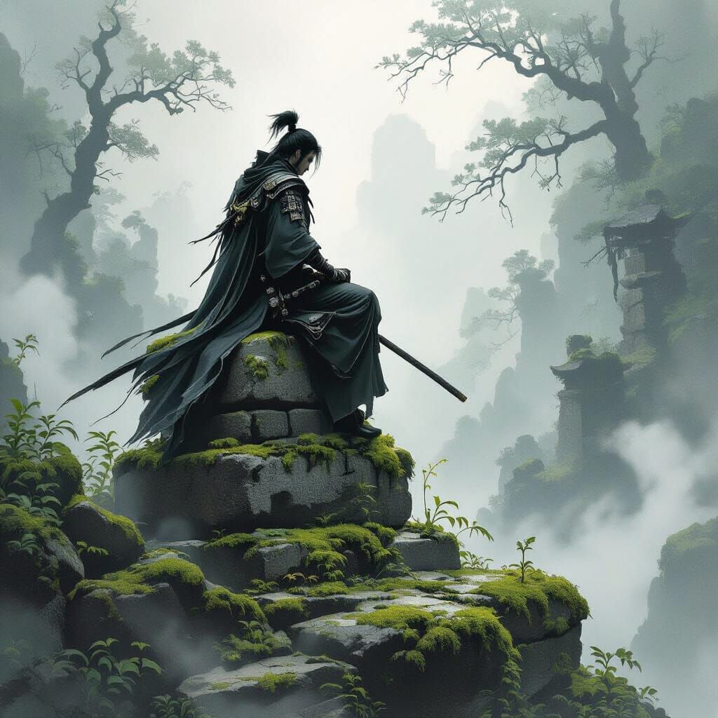 Samurai Contemplation in Dark Fantasy Ink Wash Style