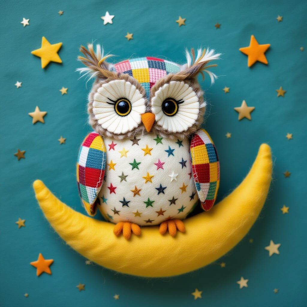 Whimsical Felted Owl on Crescent Moon Illustration
