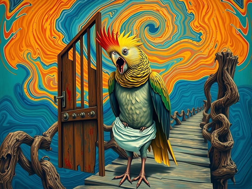 Anthropomorphic Cockatoo Screaming in Maximalist Style