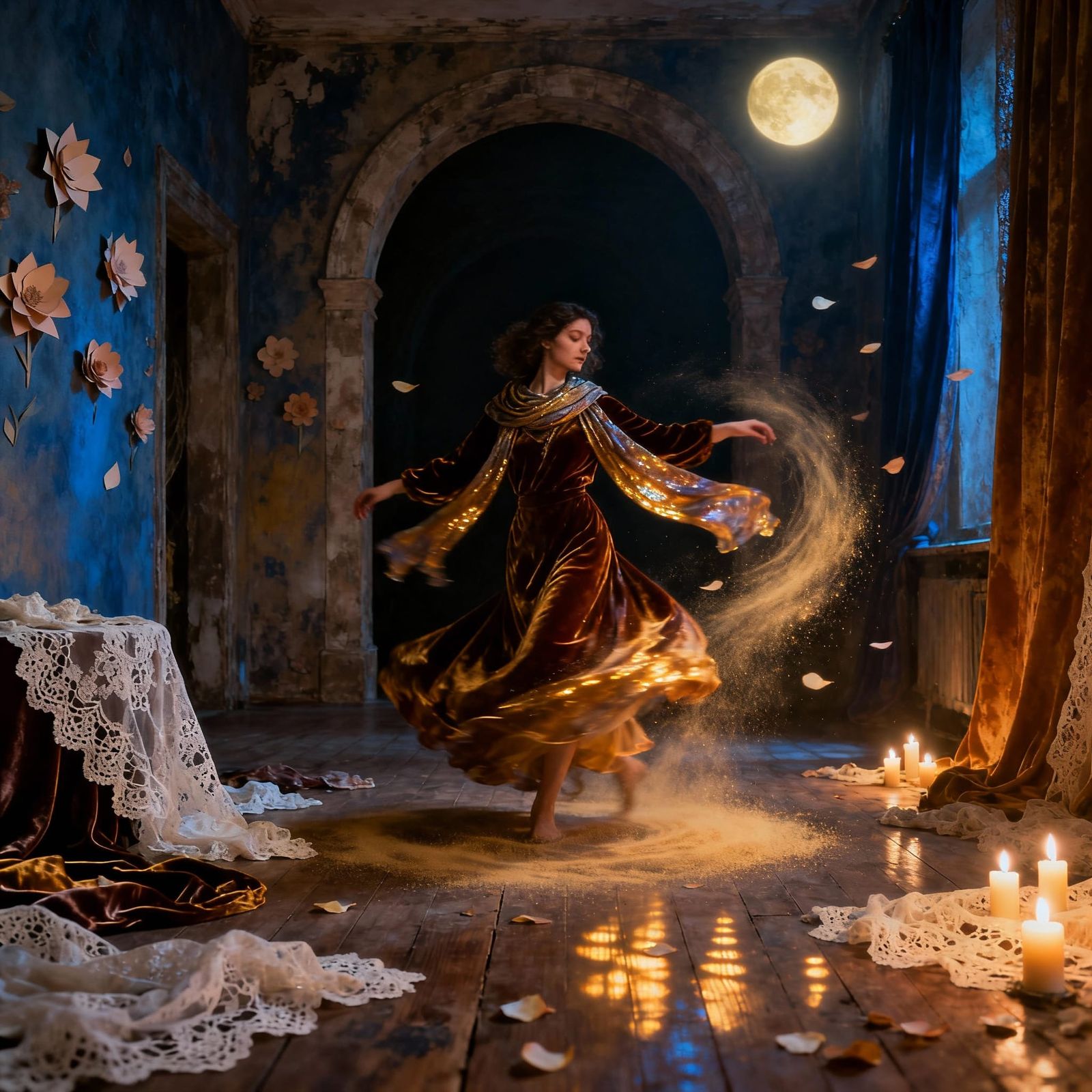 Mystical Bohemian Woman Twirling in Moonlight