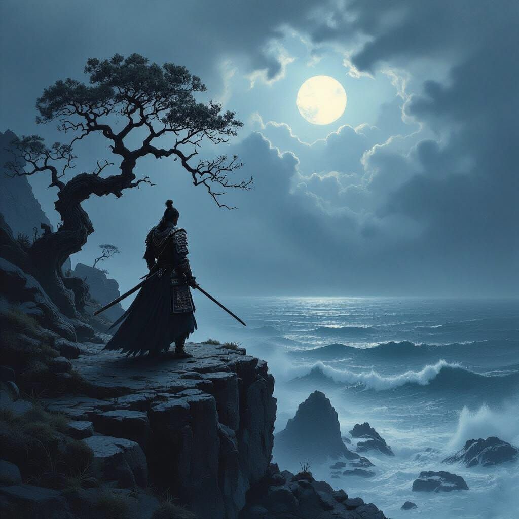 Samurai on Cliff Overlooking Stormy Sea