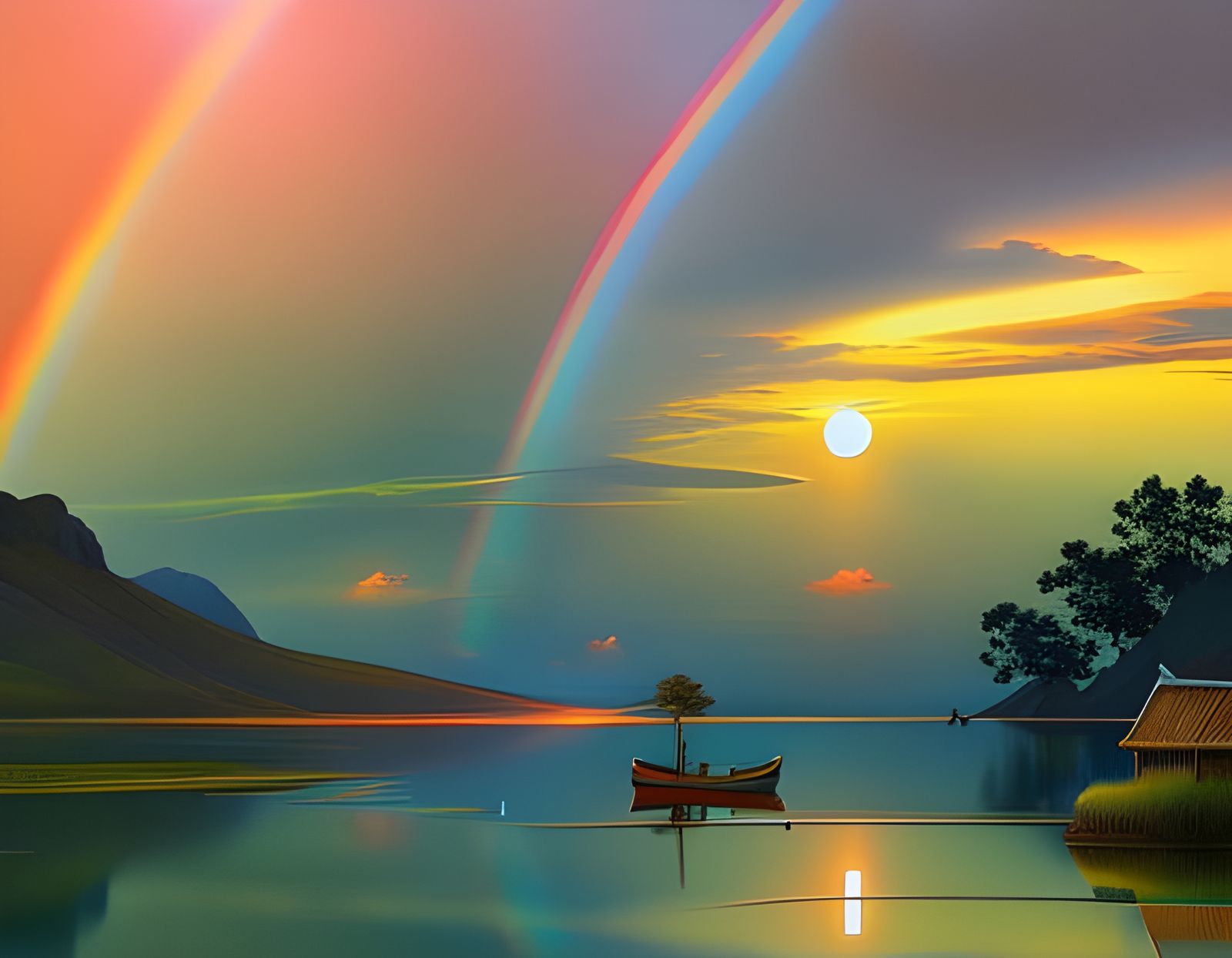 Reflective Rainbow Over Lake: Rococo Art Style
