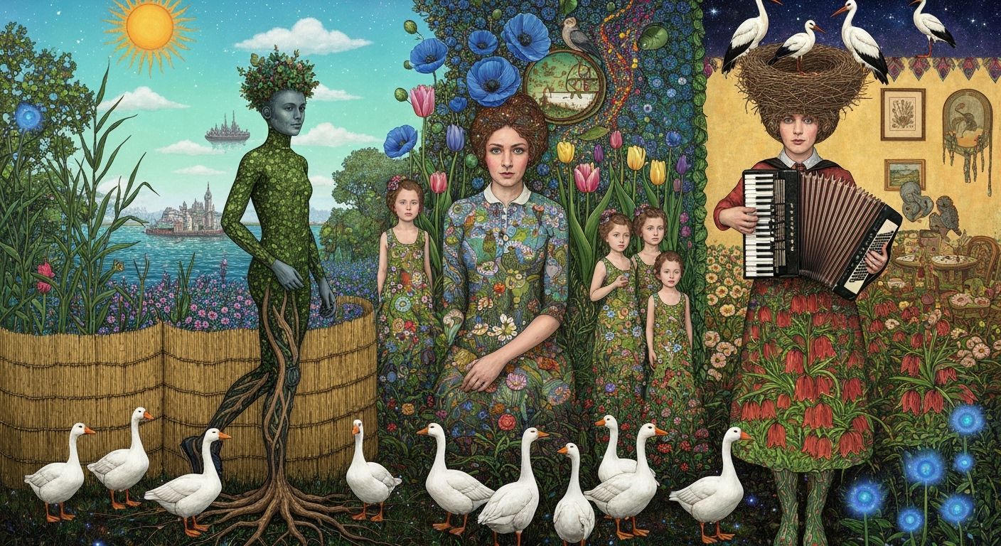 Folkloric Robot & Twins in Surreal Eco-Art Garden