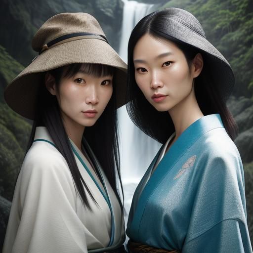 Japanese Sisters Portrait with Waterfall Backdrop