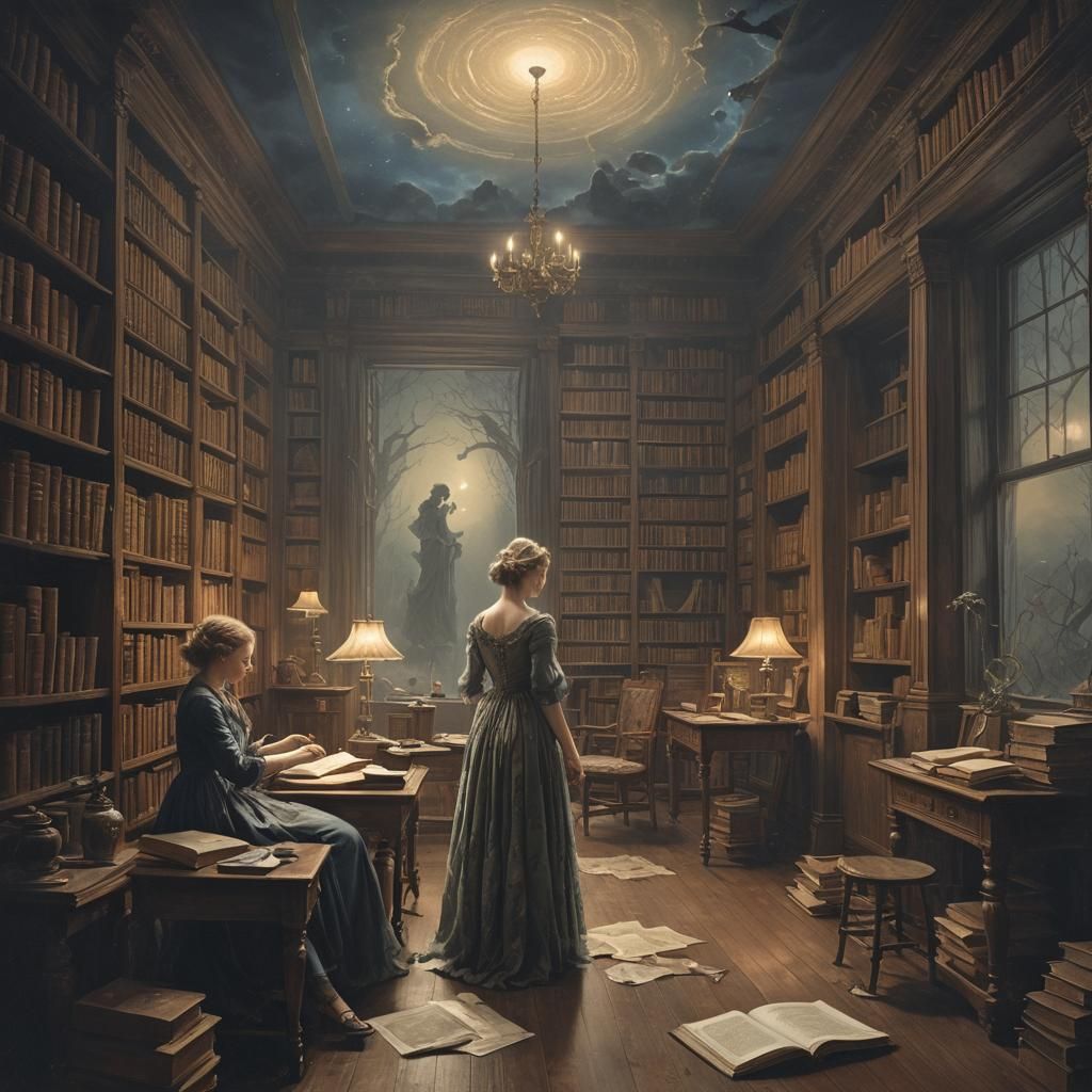 Moonlit Haunted Library in Detailed Matte Style