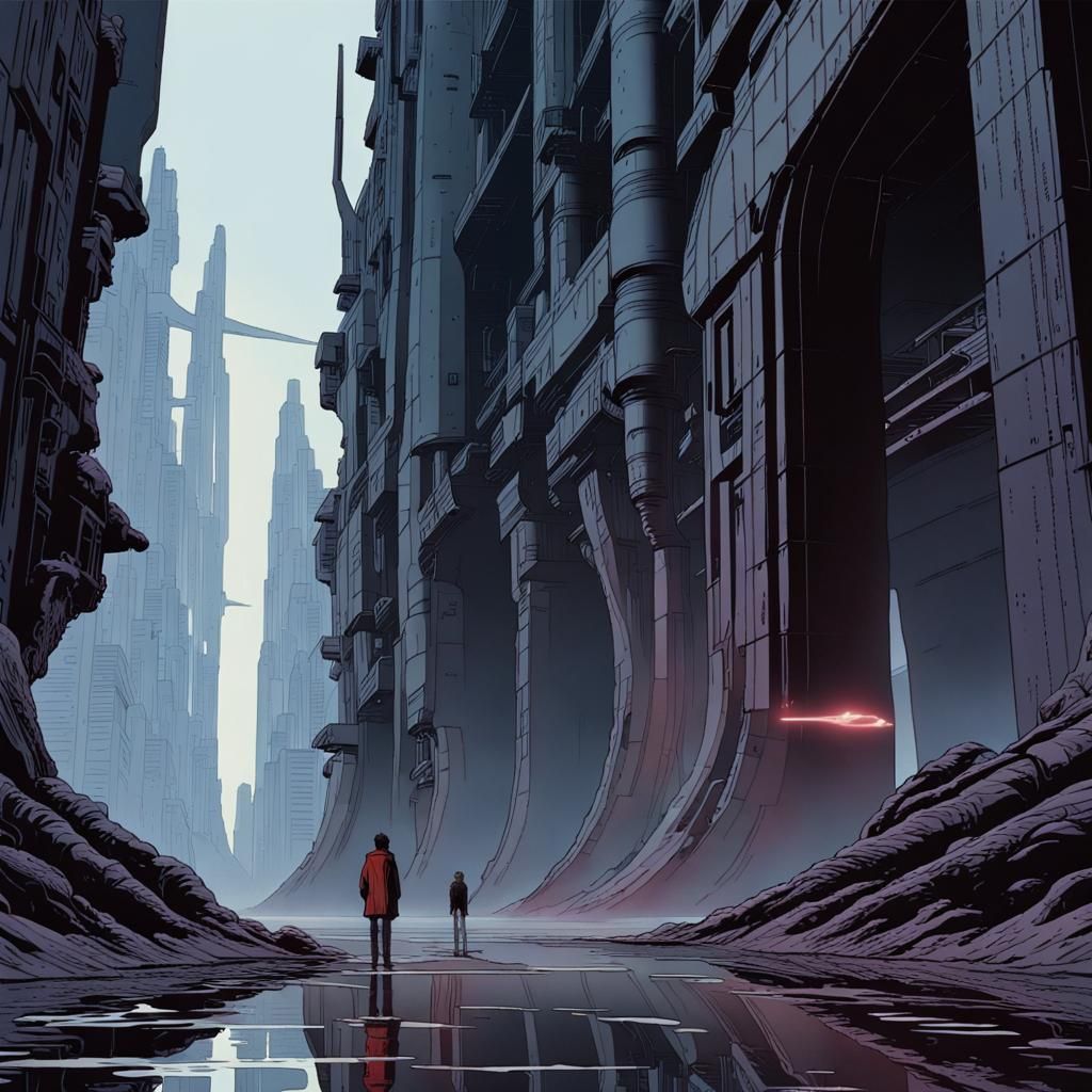 Moebius Style Dark Gothic Sci-Fi Scene