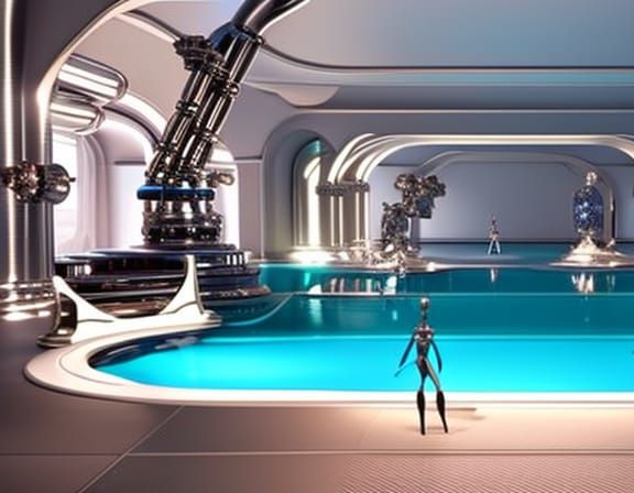Robots Clean Rococo Pool in Sci-Fi Style