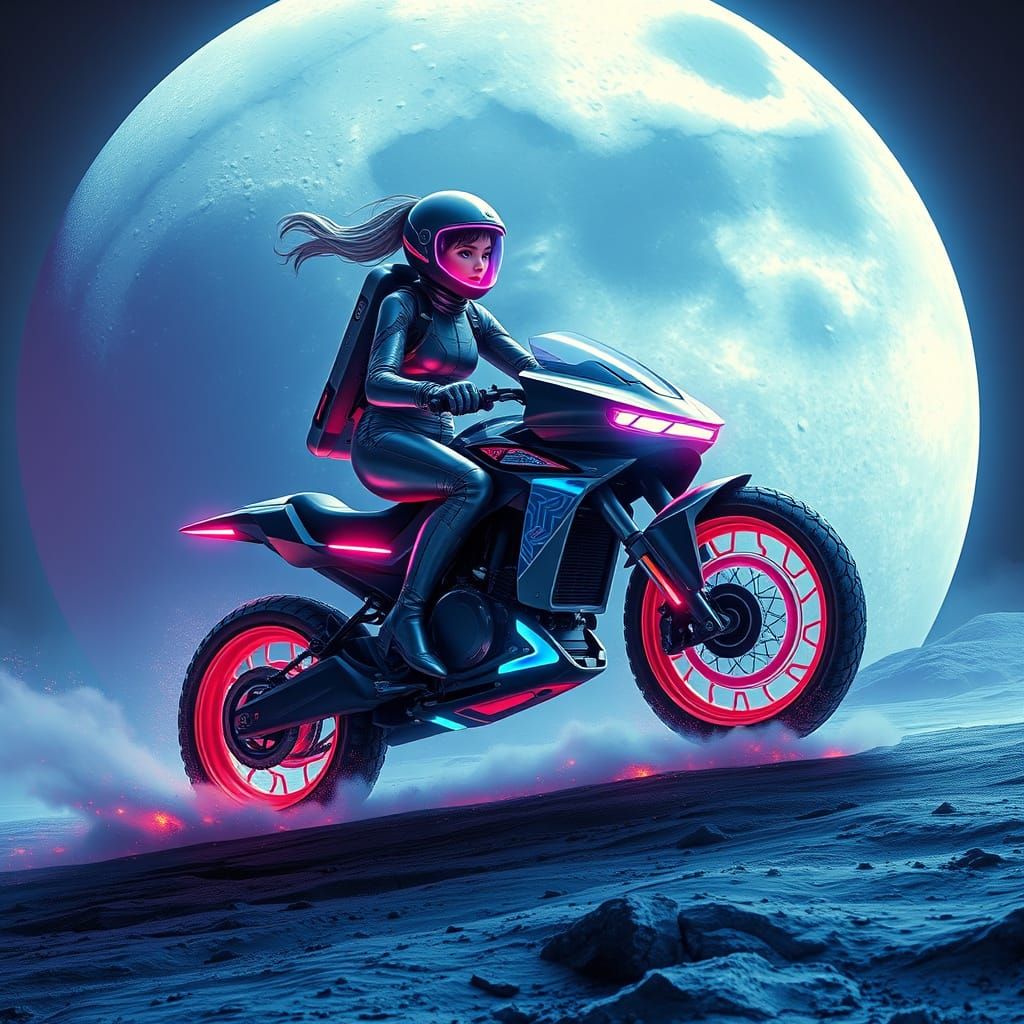Young Lady Lands on Moon on Futuristic Space Bike in Neon-Li...