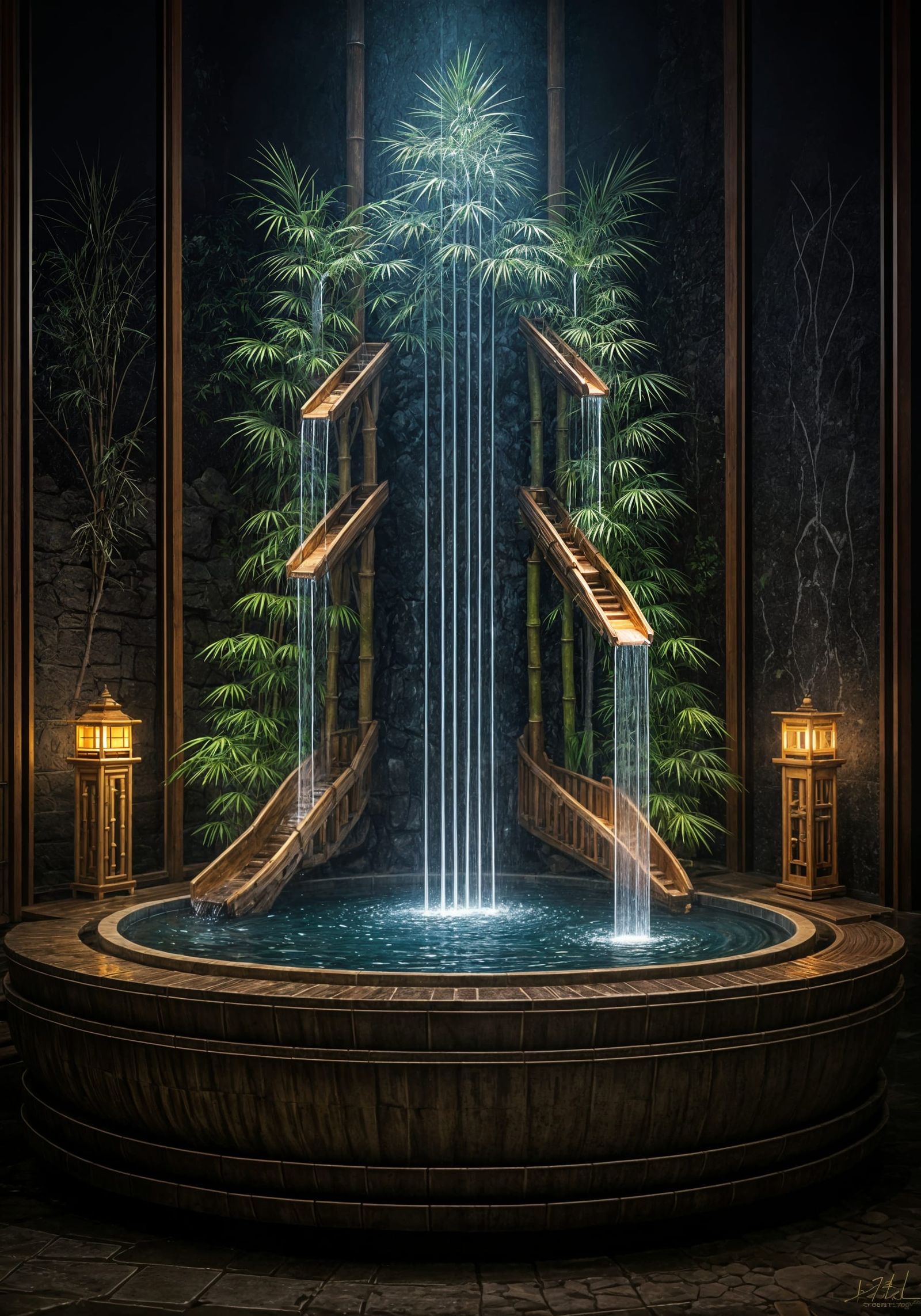Kinetic Bamboo Fountain with Water Illusion in 8K