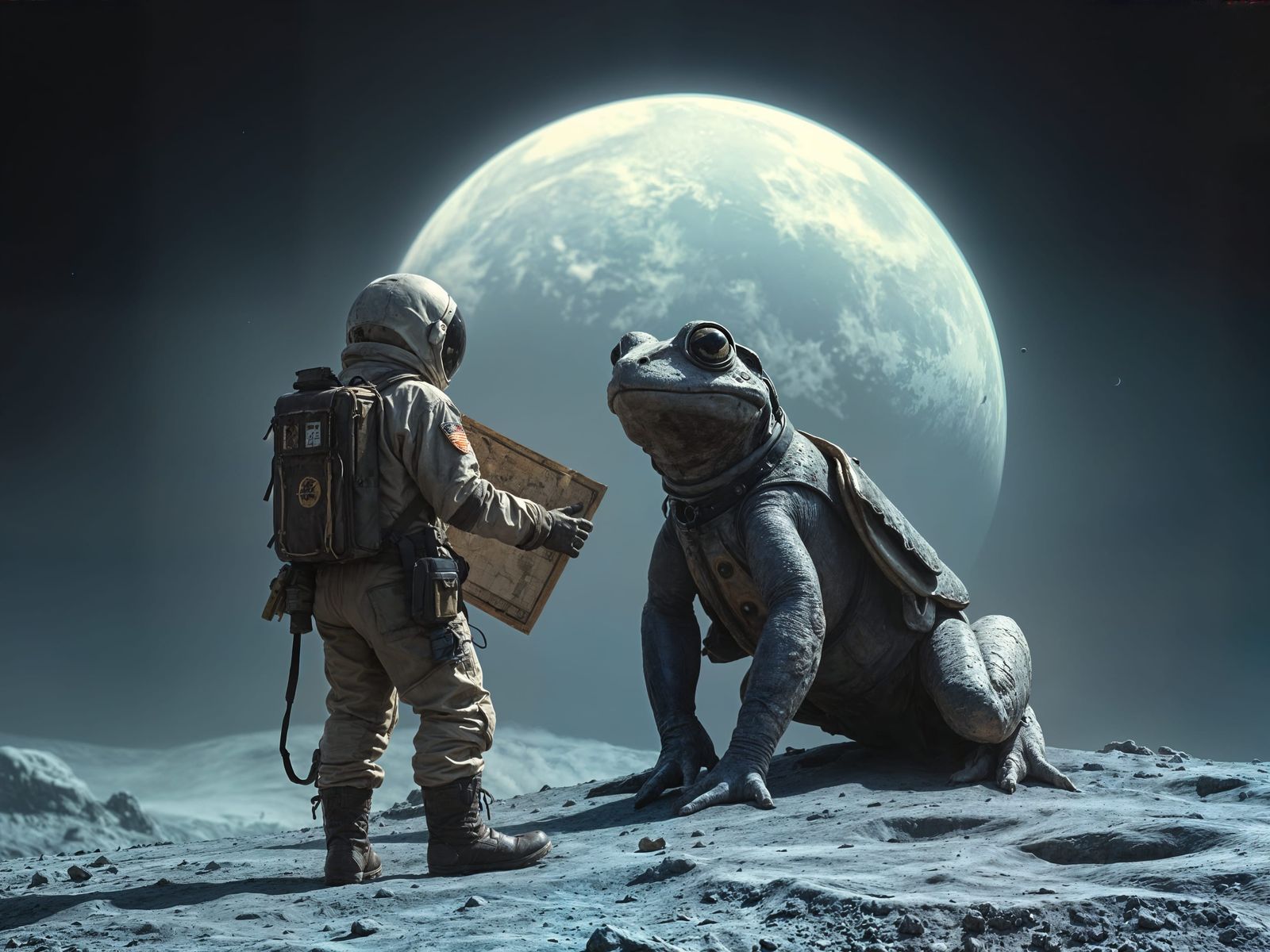 Astronaut Contemplates Alien Moon Landscape