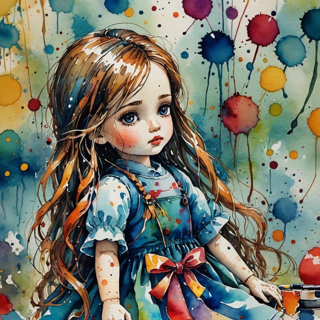 Dolls Playing in Distressed Watercolor Style
