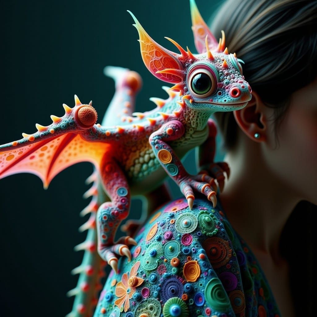 Mini Dragon on Shoulder in Psychedelic Ink Art