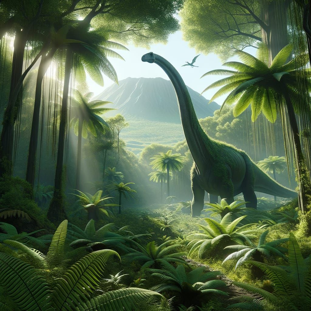 A massive brachiosaurus gracefully grazes on the lush foliage of towering ferns in a prehistoric jungle, its long neck r...