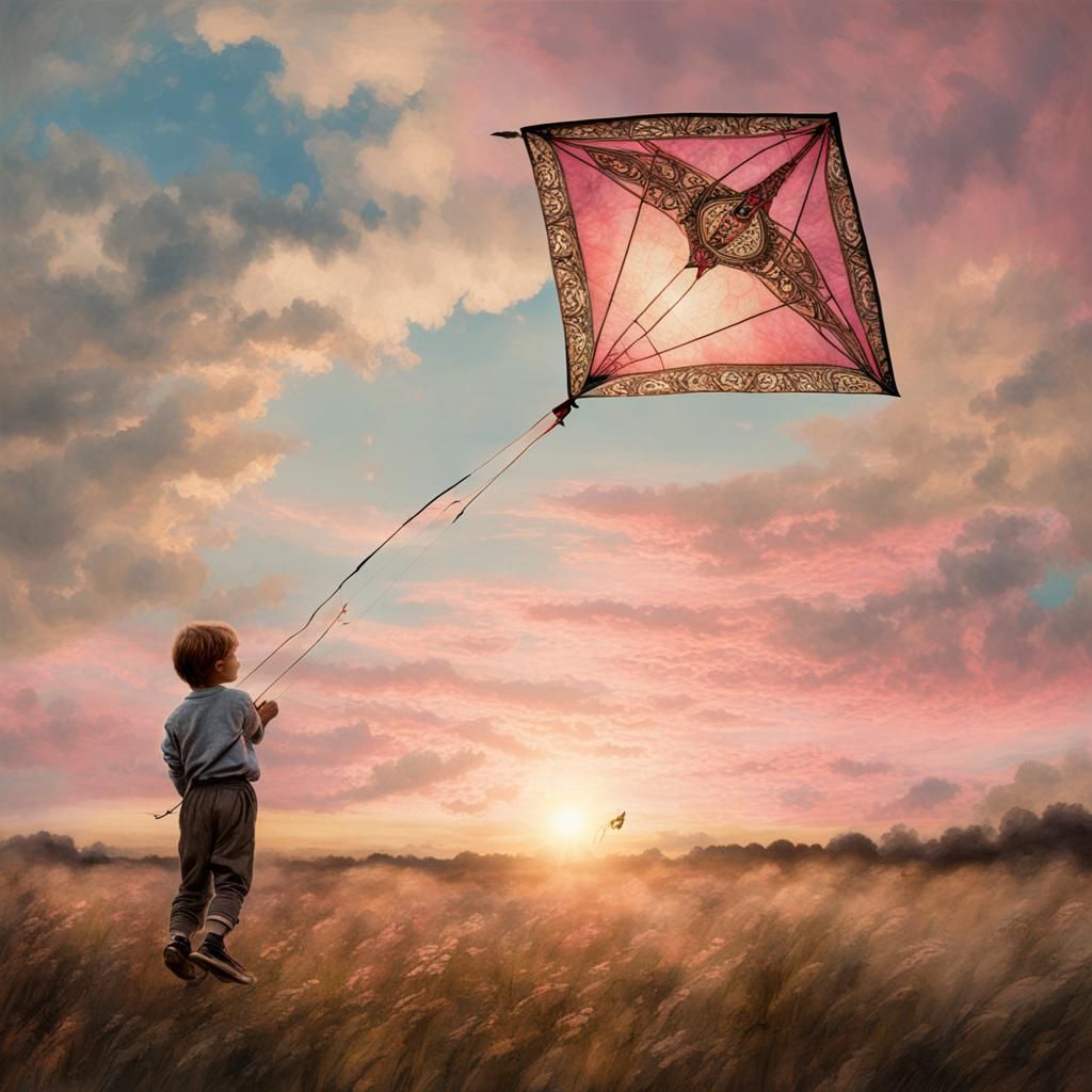 Children Flying Ornate Kite in Color Print Art