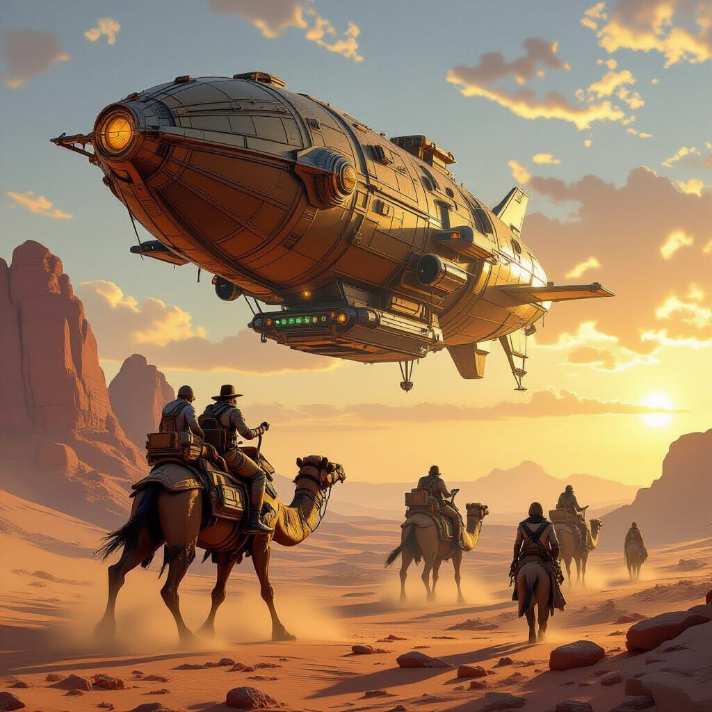 Steampunk Airship Crew on Cybernetic Camels in Desert