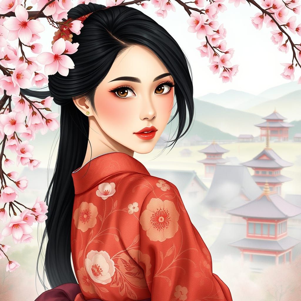 Elegant Japanese Woman Amidst Cherry Blossoms in Traditional...
