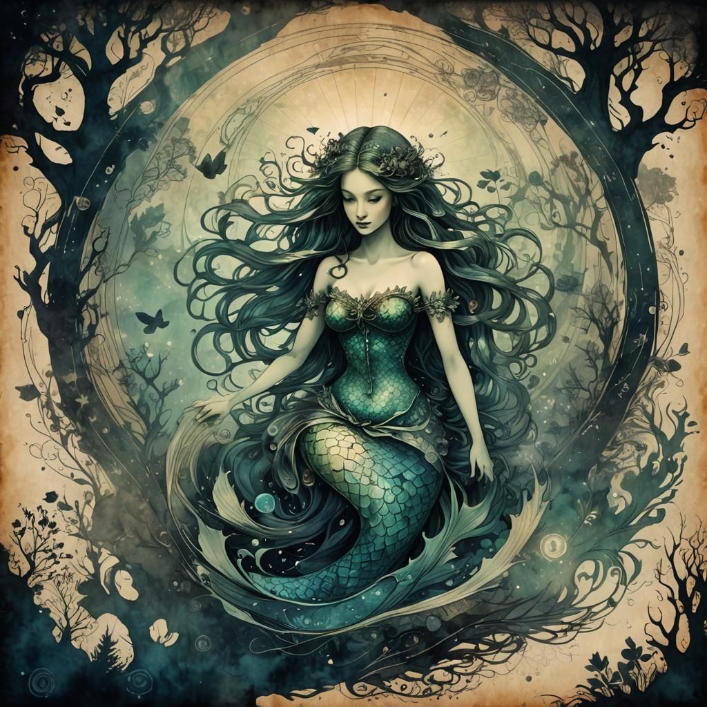 Luminescent Mermaid on Parchment in Spring Forest