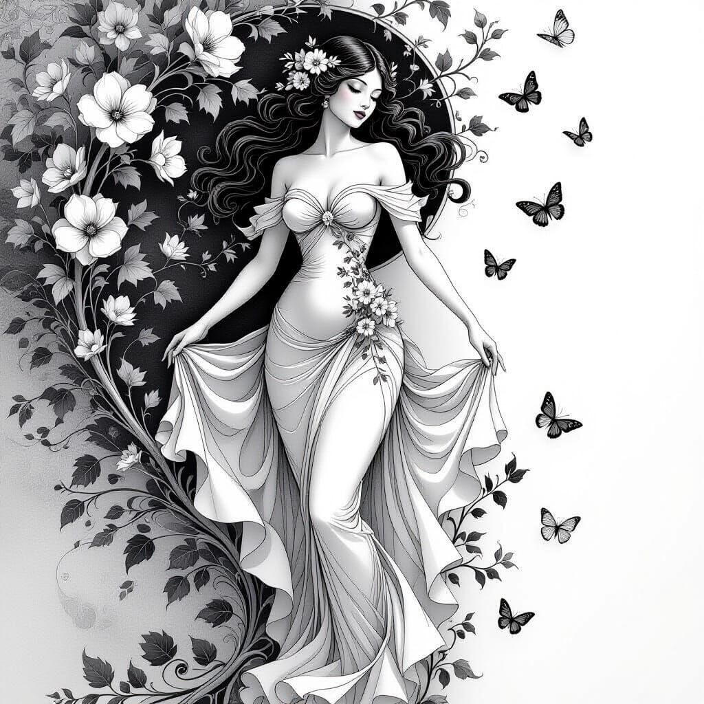 Graceful Woman Blossoming into Flowers Sketch