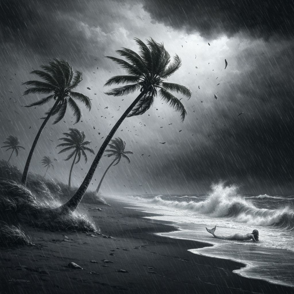 Stormy Beach with Bent Palms in Oil Painting Style