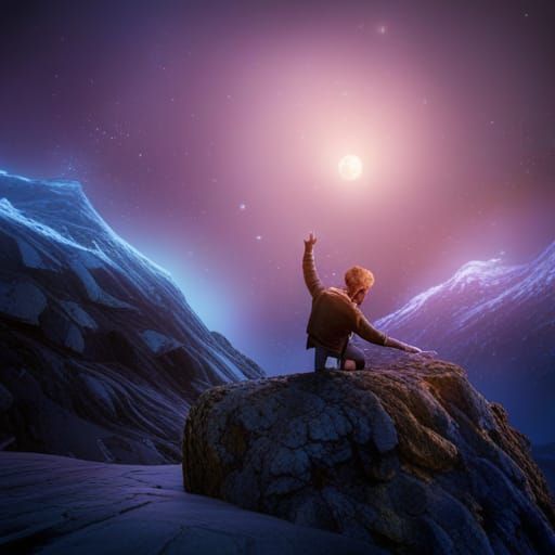 Man Reaching for Stars in Detailed Matte Painting