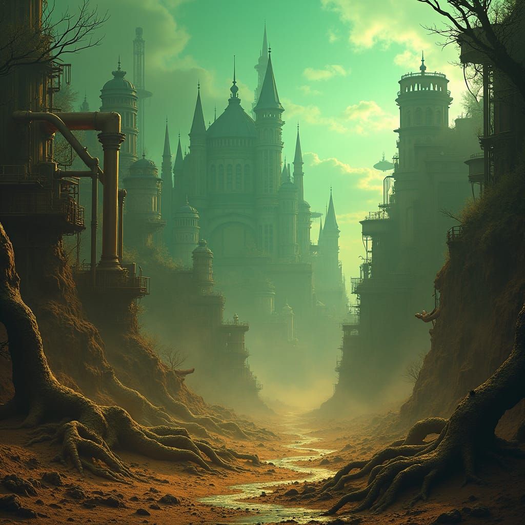 Steampunk City Rises from Wasteland: Emerald Glow