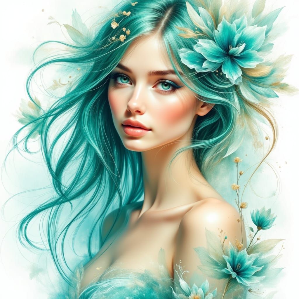 Realistic Sketch Portrait of Woman with Turquoise Eyes and T...