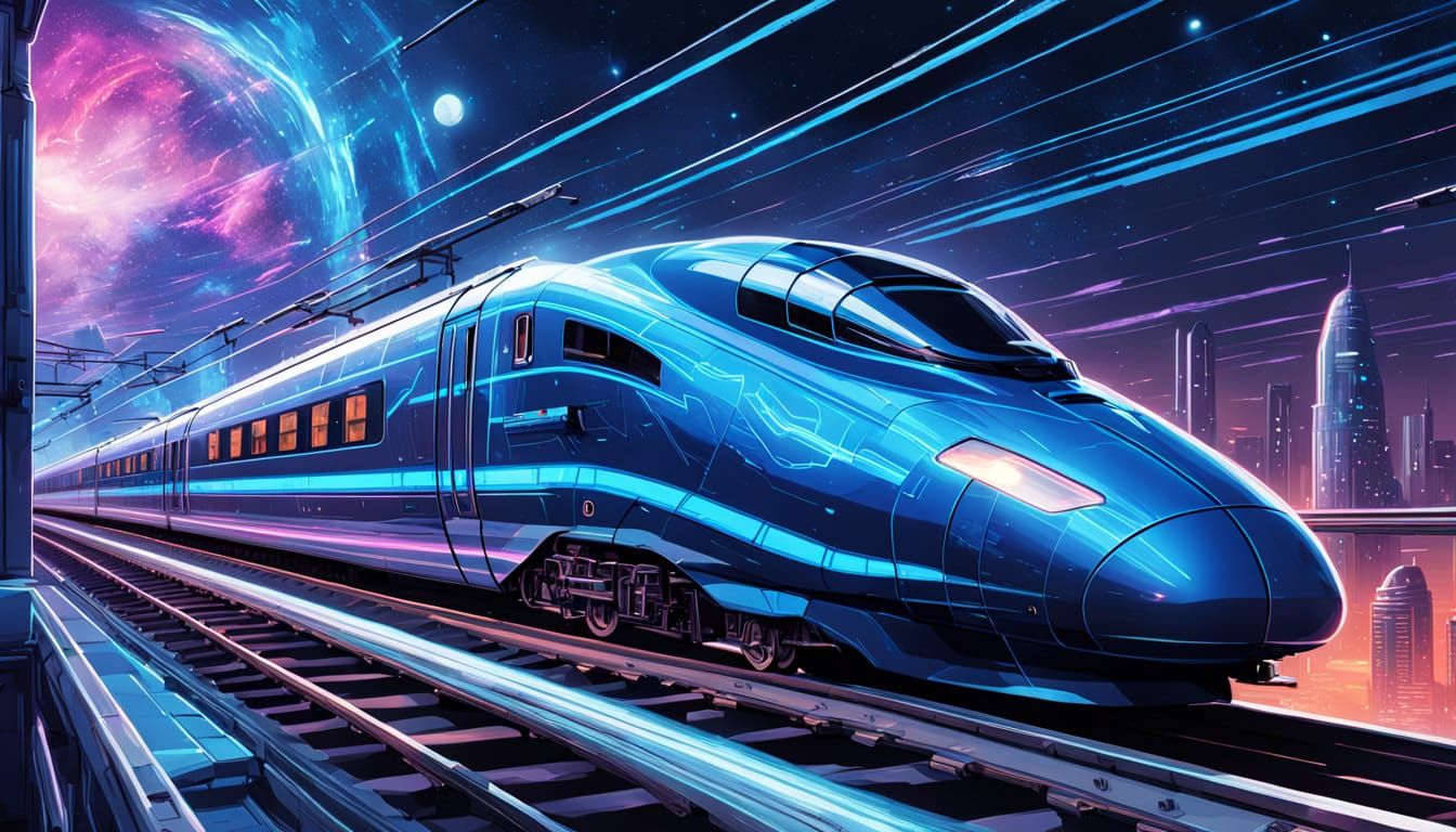 Futuristic Train Speeds Through Neon Galaxy