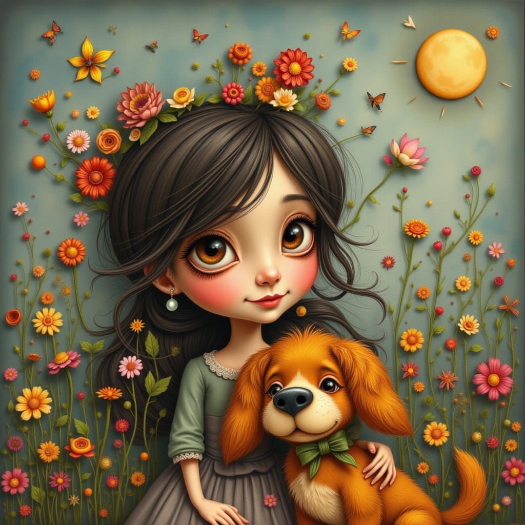 Whimsical Girl and Dog in Enchanting Scene