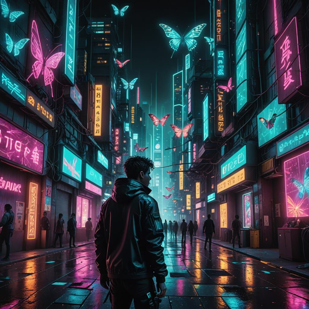 Cyberpunk Cityscape with Dancing Boy and Holographic Butterf...