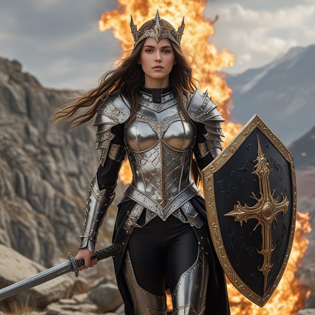 Armored Woman on Mountaintop in Hyperrealistic Style