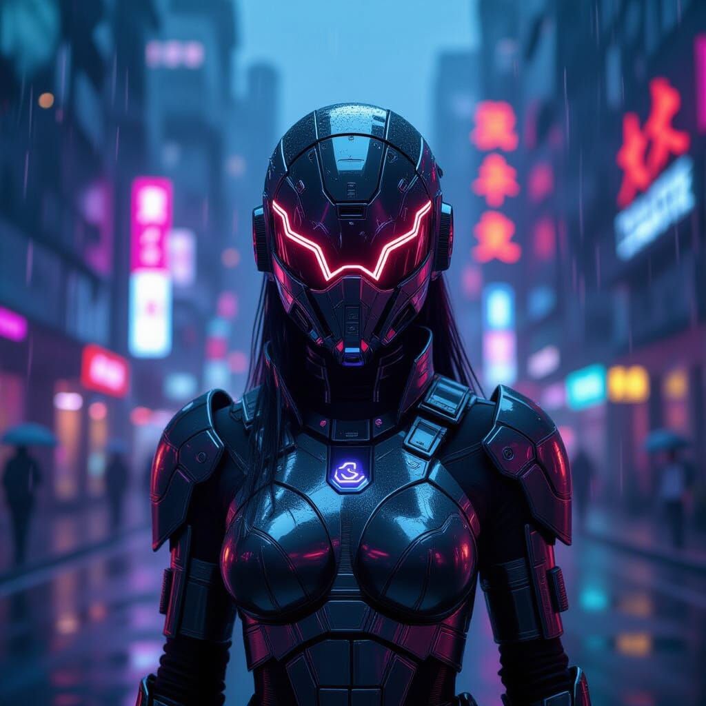 Cyberpunk Warrior in Neon Cityscape