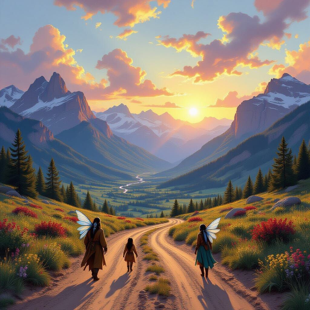 Rocky Mountain Vista with Fairies in a Vibrant Valley