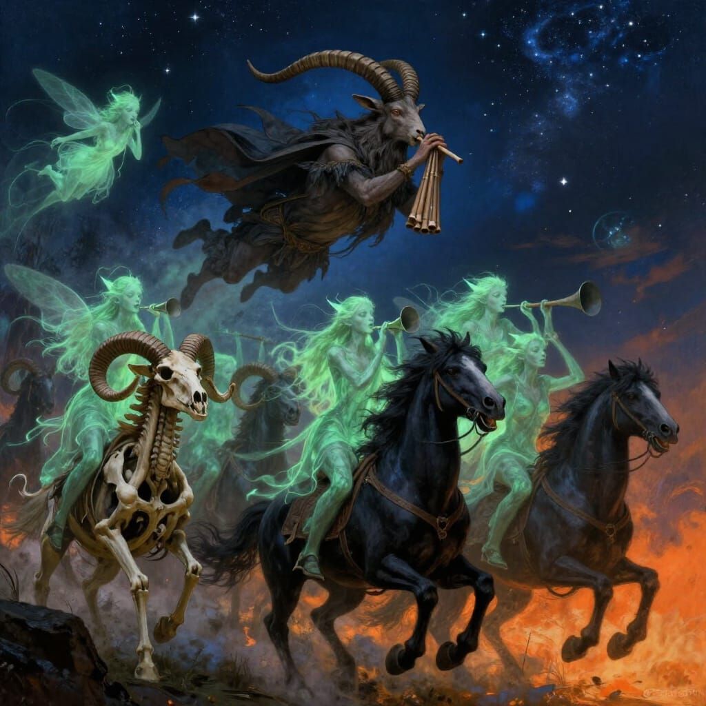 Mythological Wild Hunt Scene with Pan and Spectral Beings